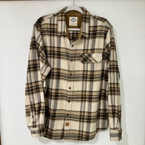 Dubinik Plaid Flannel Button Up Men Size L Tan Brown Corduroy Trim | Gorpcore